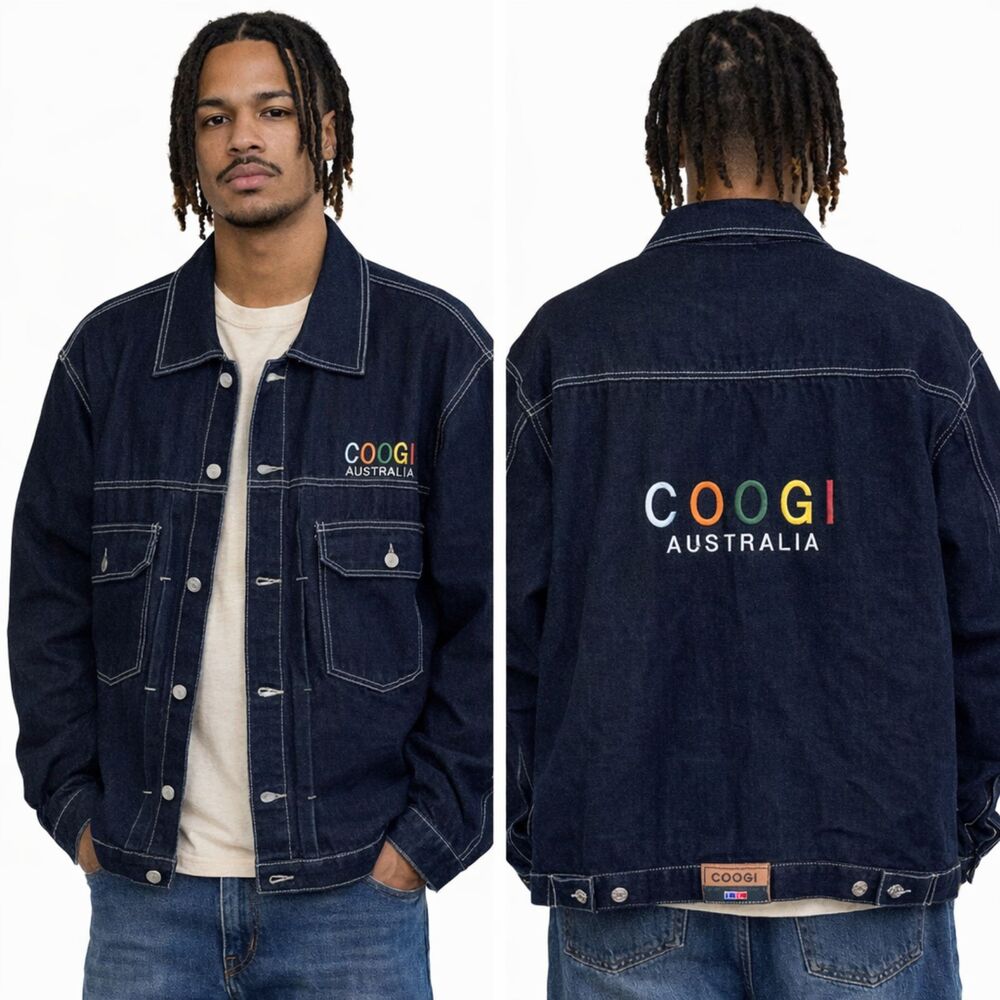 Coogi Streetwear Jean Jacket Mens Sz XXL Dark Raw Denim Hip Hop Y2K Embroidered